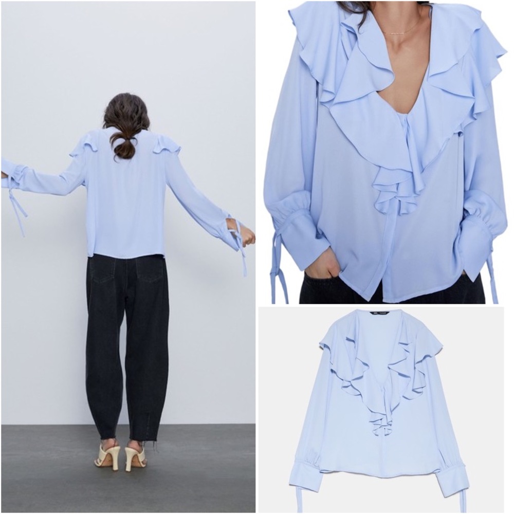 Zara Soft Blue Ruffle Neck Button Down Flared Sleeve Blouse - Picture 3 of 11